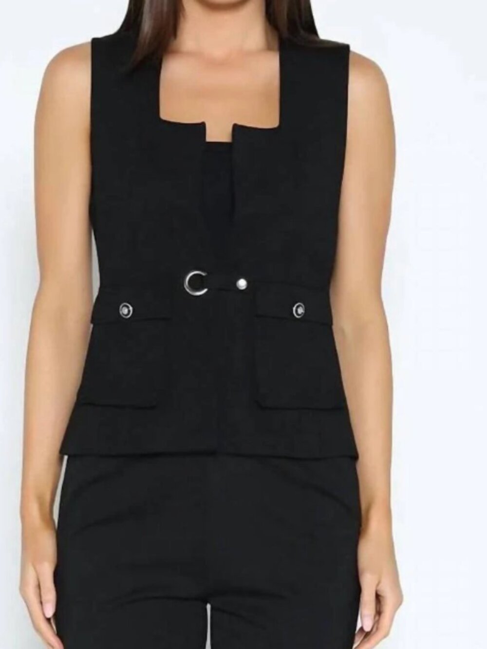 Gracia Ponte Womens square neck vest black with silver accents Sz M
